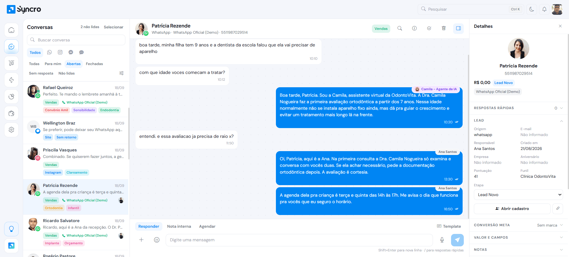 Conversa de WhatsApp atendida pelo agente de IA do Syncro