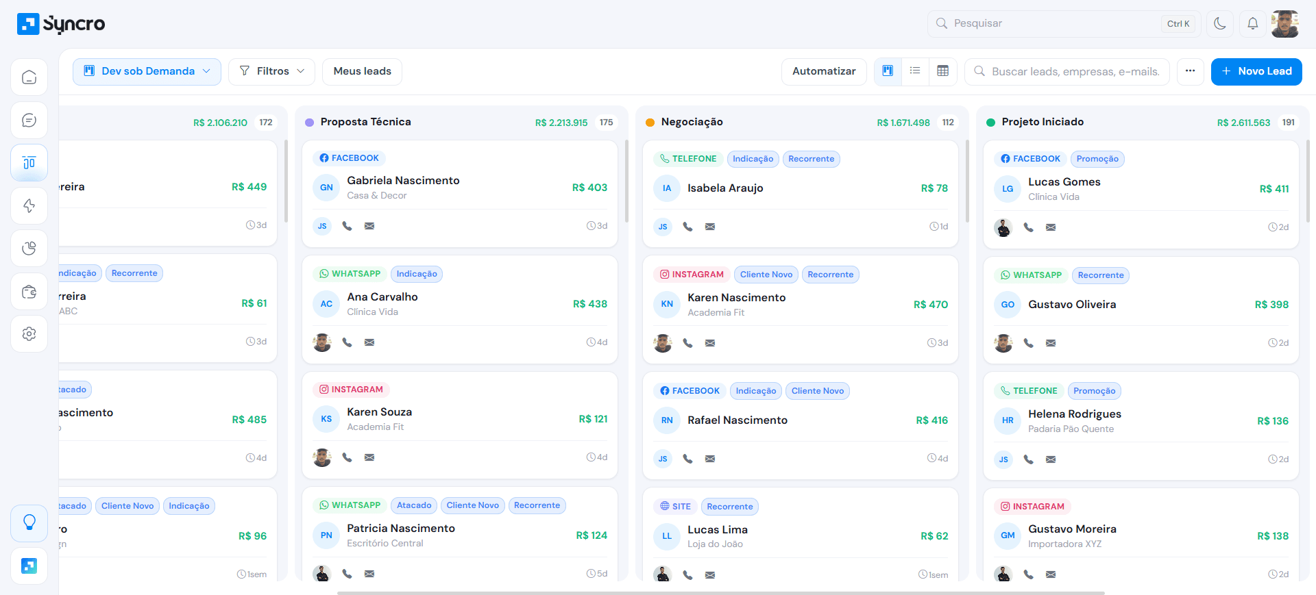 Funil de vendas em kanban no Syncro